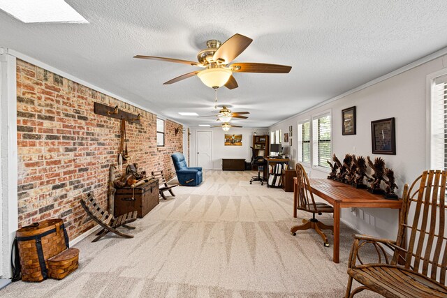 818 Country Club Rd, Bowie, TX 76230 - interior space featuring carpet, brick wall, a ceiling fan, a textured ceiling, and ornamental molding