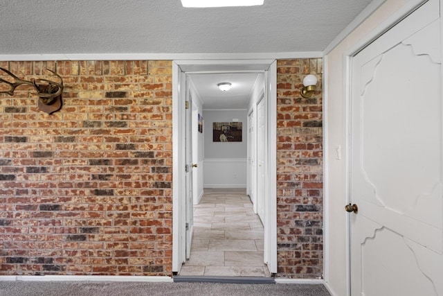 818 Country Club Rd, Bowie, TX 76230 - corridor featuring a textured ceiling, brick wall, carpet floors, wainscoting, and baseboards