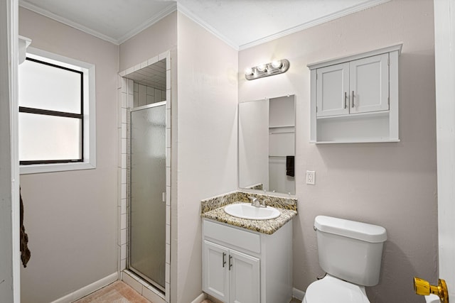 818 Country Club Rd, Bowie, TX 76230 - bathroom featuring a stall shower, vanity, toilet, and ornamental molding