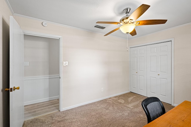 818 Country Club Rd, Bowie, TX 76230 - unfurnished office with a ceiling fan, ornamental molding, carpet flooring, and baseboards