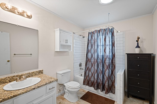 818 Country Club Rd, Bowie, TX 76230 - full bathroom with ornamental molding, shower / bathtub combination with curtain, toilet, vanity, and tile patterned floors