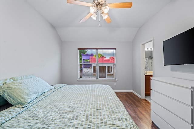 2813 Dana Ln, Denton, TX 76209 - bedroom featuring wood finished floors, lofted ceiling, baseboards, ceiling fan, and ensuite bathroom