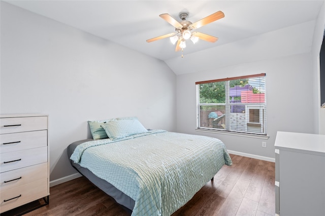 2813 Dana Ln, Denton, TX 76209 - bedroom with wood finished floors, baseboards, vaulted ceiling, and ceiling fan