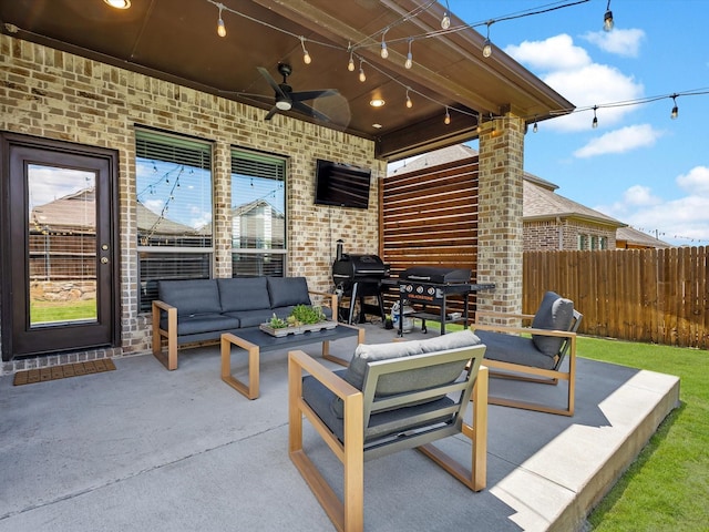 571 Mckenna Dr, Fate, TX 75087 - view of patio / terrace with outdoor lounge area, area for grilling, a ceiling fan, and fence