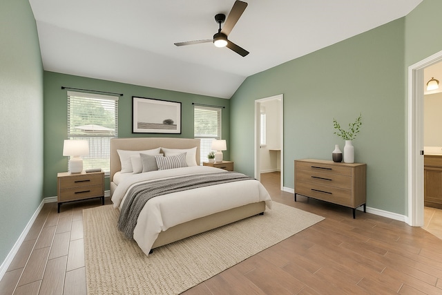 712 Britain Way, Wylie, TX 75098 - bedroom with vaulted ceiling, light wood-style floors, baseboards, ensuite bathroom, and ceiling fan