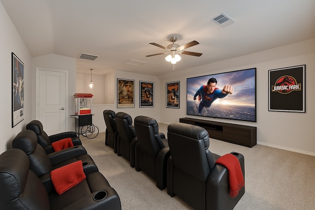 712 Britain Way, Wylie, TX 75098 - cinema with light carpet, ceiling fan, baseboards, and lofted ceiling