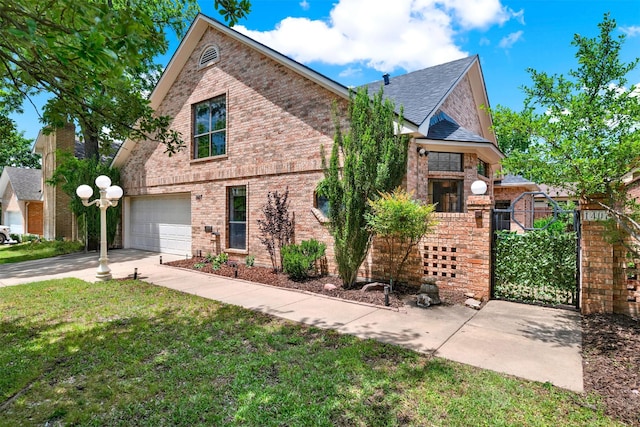 1407 W Mulberry St, Sherman, TX 75092 - view of front of property featuring concrete driveway, brick siding, a front lawn, a garage, and roof with shingles