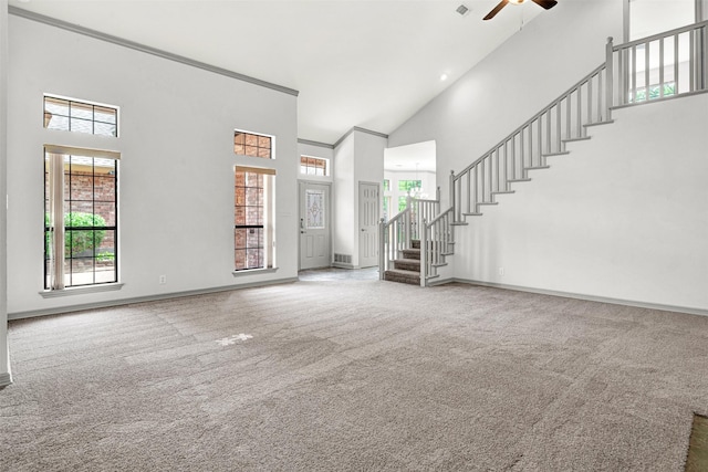 1407 W Mulberry St, Sherman, TX 75092 - unfurnished living room featuring high vaulted ceiling, stairs, carpet flooring, a ceiling fan, and baseboards