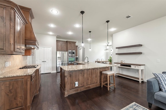 4416 Berry Ridge Ln, Frisco, TX 75036 - kitchen with stainless steel appliances, a sink, decorative backsplash, a spacious island, and open shelves
