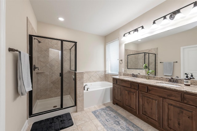 4416 Berry Ridge Ln, Frisco, TX 75036 - full bathroom featuring a shower stall, a garden tub, double vanity, tile patterned floors, and recessed lighting