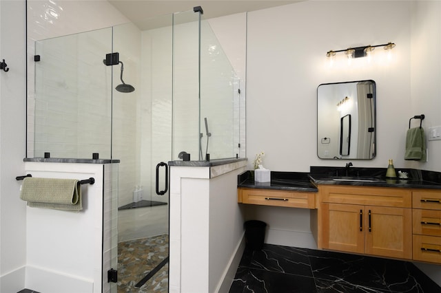 105 Shawnee Trl, Pottsboro, TX 75076 - bathroom with baseboards, marble finish floors, a stall shower, and vanity