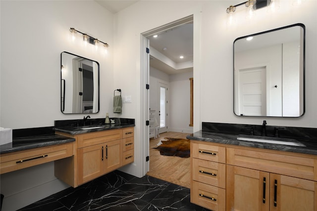 105 Shawnee Trl, Pottsboro, TX 75076 - bathroom featuring two vanities, recessed lighting, marble finish flooring, and baseboards