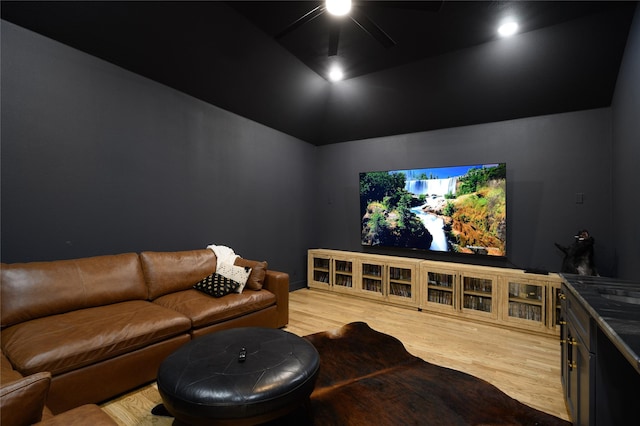 105 Shawnee Trl, Pottsboro, TX 75076 - cinema room featuring light wood finished floors, ceiling fan, and lofted ceiling