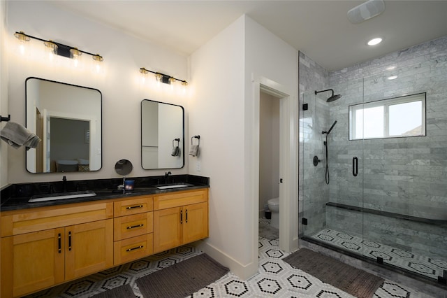 105 Shawnee Trl, Pottsboro, TX 75076 - full bath with toilet, a stall shower, double vanity, tile patterned floors, and recessed lighting