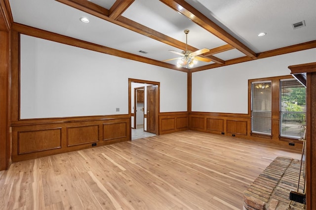 208 N Rustic Trl, Wylie, TX 75098 - spare room featuring wainscoting, light wood finished floors, beam ceiling, coffered ceiling, and ceiling fan
