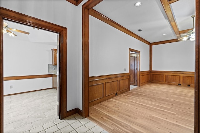 208 N Rustic Trl, Wylie, TX 75098 - hall featuring wainscoting, light tile patterned floors, recessed lighting, and beam ceiling