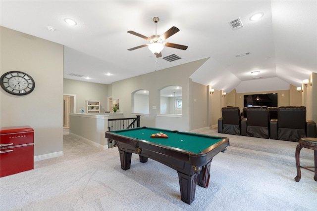 331 Sagemeadow Rd, Wylie, TX 75098 - rec room with carpet floors, ceiling fan, vaulted ceiling, billiards, and baseboards