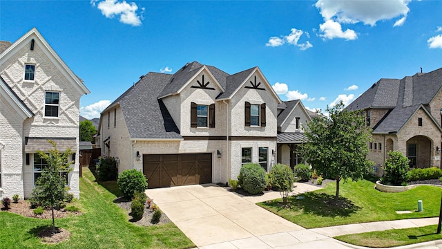 331 Sagemeadow Rd, Wylie, TX 75098 - french country home with brick siding, driveway, a front lawn, an attached garage, and roof with shingles