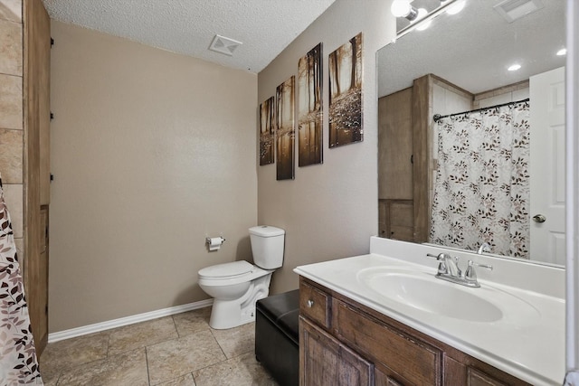 1554 Brandywine Ln, Little Elm, TX 75068 - bathroom featuring toilet, baseboards, a textured ceiling, vanity, and a shower with curtain