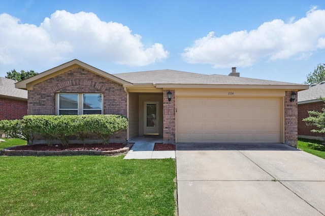1554 Brandywine Ln, Little Elm, TX 75068 - ranch-style home with brick siding, concrete driveway, a front yard, and a garage