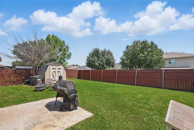 1554 Brandywine Ln, Little Elm, TX 75068 - view of yard with a storage unit, a patio, an outdoor structure, and a fire pit