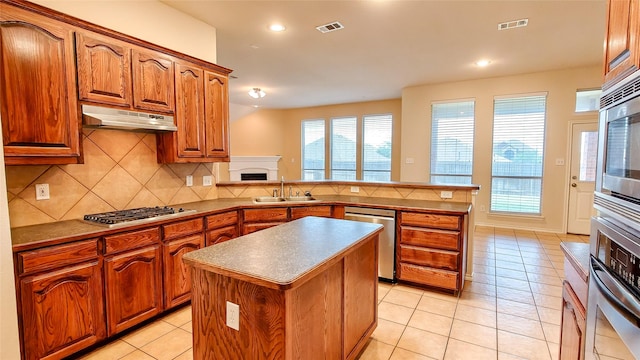 10252 Red Bluff Ln, Fort Worth, TX 76177 - kitchen with a fireplace, under cabinet range hood, stainless steel appliances, a peninsula, and decorative backsplash