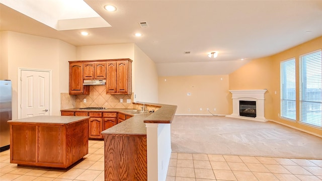 10252 Red Bluff Ln, Fort Worth, TX 76177 - kitchen featuring light tile patterned floors, under cabinet range hood, light carpet, a peninsula, and stainless steel appliances
