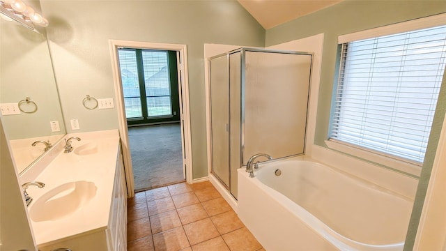 10252 Red Bluff Ln, Fort Worth, TX 76177 - full bath featuring a garden tub, lofted ceiling, a shower stall, double vanity, and tile patterned floors