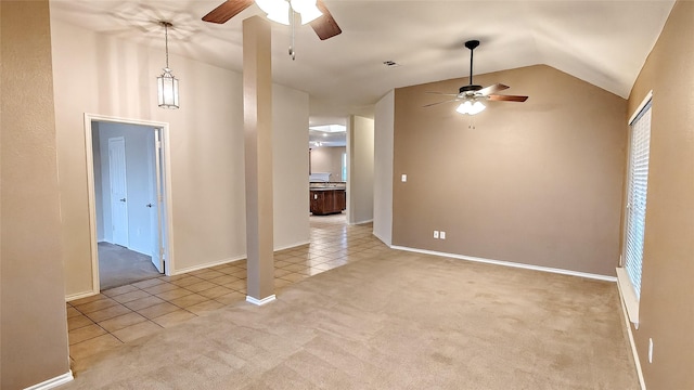 10252 Red Bluff Ln, Fort Worth, TX 76177 - carpeted empty room featuring a ceiling fan, tile patterned floors, and lofted ceiling
