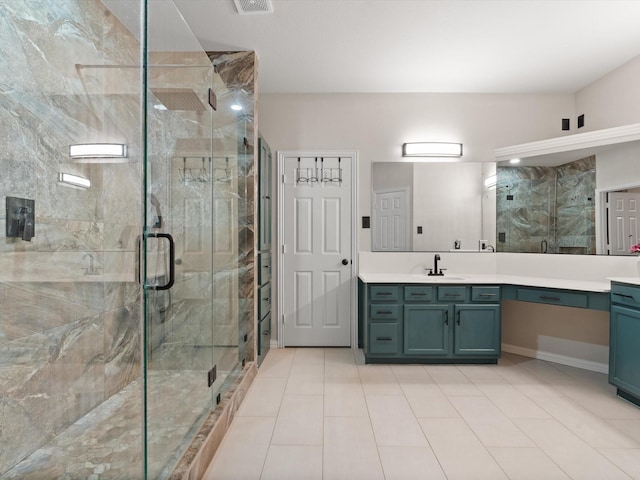 2105 Indian Trl, Rowlett, TX 75088 - full bathroom featuring a stall shower, vanity, tile patterned flooring, and baseboards