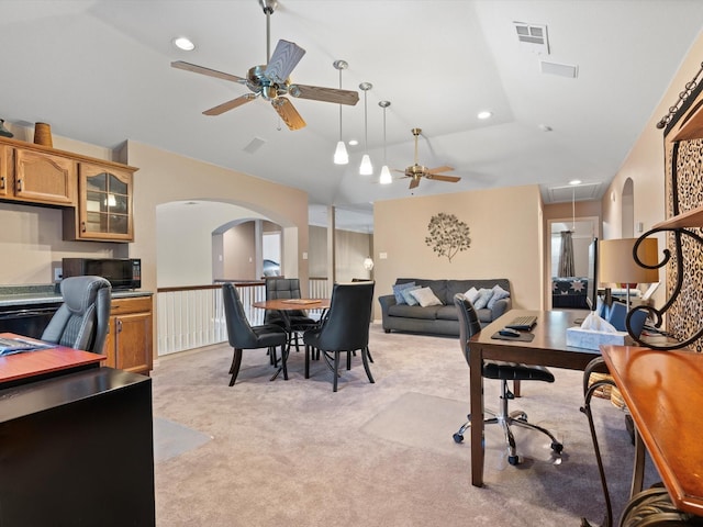2105 Indian Trl, Rowlett, TX 75088 - office with ceiling fan, attic access, light colored carpet, arched walkways, and recessed lighting