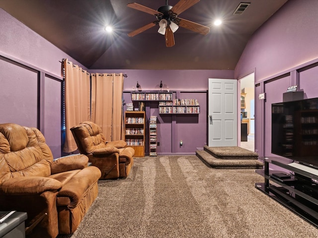 2105 Indian Trl, Rowlett, TX 75088 - carpeted home theater room with lofted ceiling, a ceiling fan, recessed lighting, and a bar