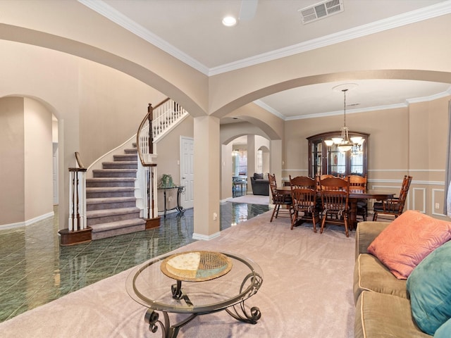 2105 Indian Trl, Rowlett, TX 75088 - living area featuring arched walkways, ornamental molding, baseboards, stairway, and carpet floors