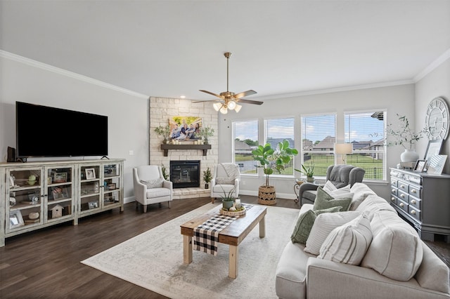 1037 Mickelson Dr, Granbury, TX 76048 - living room featuring ornamental molding, dark wood finished floors, a fireplace, a ceiling fan, and baseboards