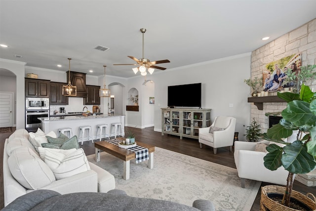 1037 Mickelson Dr, Granbury, TX 76048 - living room with arched walkways, dark wood-type flooring, crown molding, a stone fireplace, and a ceiling fan