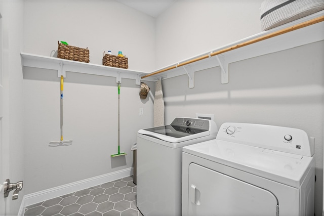 1037 Mickelson Dr, Granbury, TX 76048 - washroom with washer and dryer, baseboards, and dark tile patterned flooring