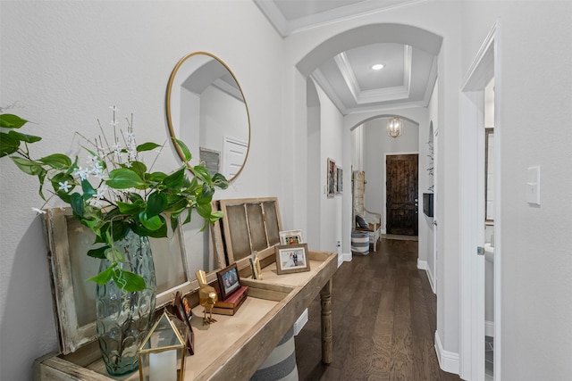 1037 Mickelson Dr, Granbury, TX 76048 - corridor with ornamental molding, arched walkways, dark wood finished floors, a tray ceiling, and recessed lighting