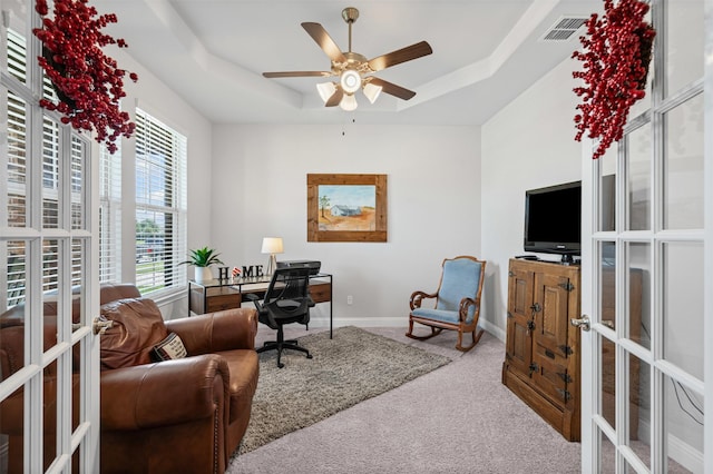 1037 Mickelson Dr, Granbury, TX 76048 - office with french doors, a tray ceiling, carpet, ceiling fan, and baseboards