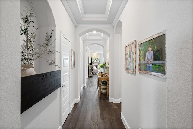 1037 Mickelson Dr, Granbury, TX 76048 - corridor featuring crown molding, dark wood-style floors, a tray ceiling, arched walkways, and baseboards