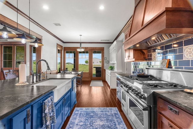 1206 Jc Maples Rd, Gunter, TX 75058 - kitchen with blue cabinets, double oven range, custom exhaust hood, backsplash, and a sink