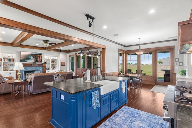 1206 Jc Maples Rd, Gunter, TX 75058 - kitchen with blue cabinetry, a sink, a ceiling fan, stove, and open floor plan