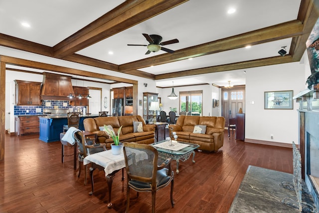 1206 Jc Maples Rd, Gunter, TX 75058 - living room featuring dark wood-style flooring, beamed ceiling, ceiling fan, a high end fireplace, and baseboards