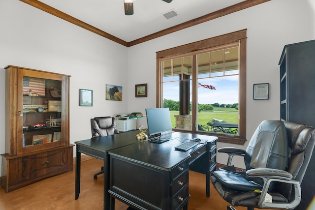 1206 Jc Maples Rd, Gunter, TX 75058 - office area featuring ceiling fan, crown molding, and light carpet