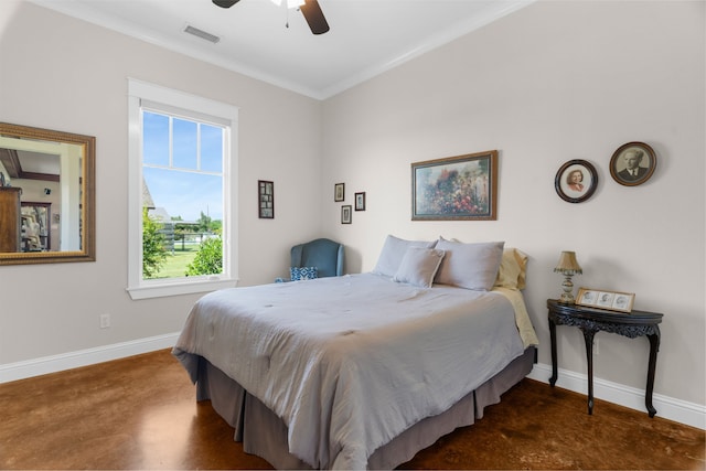 1206 Jc Maples Rd, Gunter, TX 75058 - bedroom with concrete floors, baseboards, crown molding, and a ceiling fan
