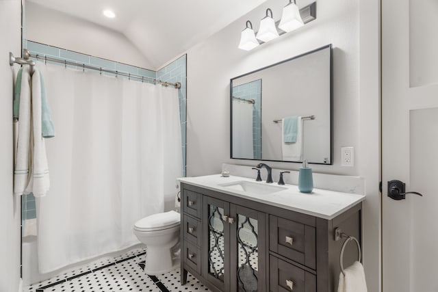 1206 Jc Maples Rd, Gunter, TX 75058 - bathroom with toilet, vanity, shower / bath combination with curtain, lofted ceiling, and tile patterned flooring