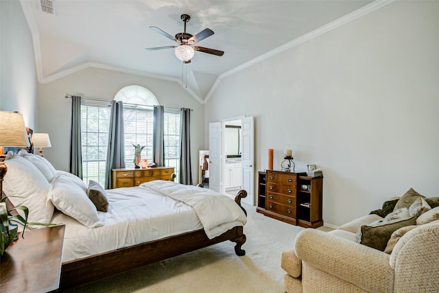1016 S Hollow Dr, Southlake, TX 76092 - bedroom featuring carpet, ornamental molding, lofted ceiling, a ceiling fan, and ensuite bath