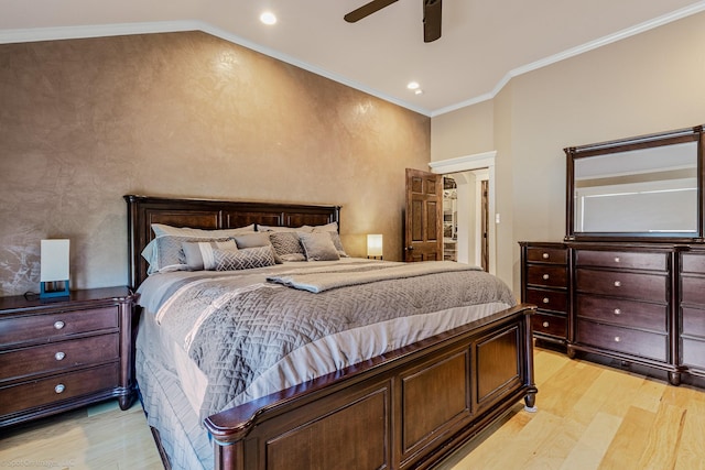 118 Lightning Trl, Forney, TX 75126 - bedroom featuring light wood-type flooring, lofted ceiling, crown molding, a ceiling fan, and recessed lighting