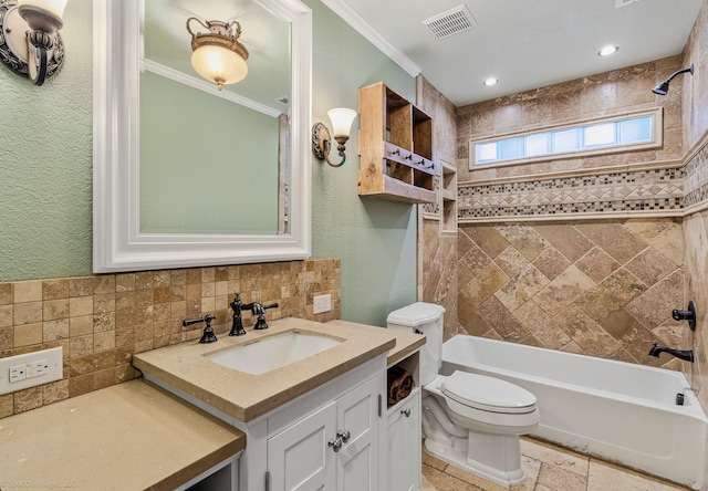 118 Lightning Trl, Forney, TX 75126 - bathroom featuring toilet, crown molding, vanity,  shower combination, and decorative backsplash