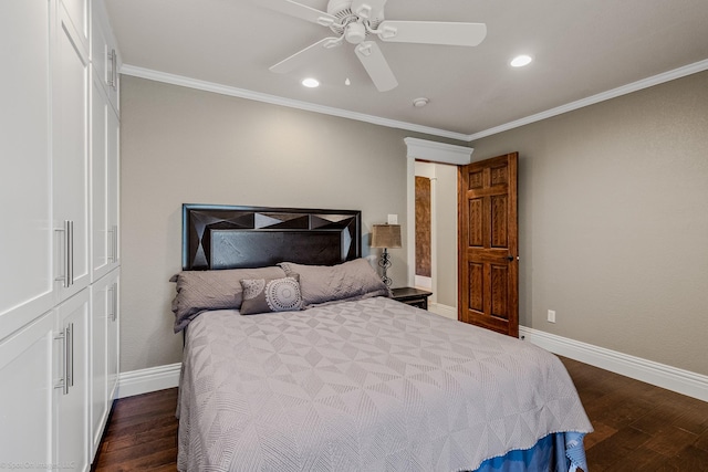 118 Lightning Trl, Forney, TX 75126 - bedroom featuring dark wood-type flooring, baseboards, recessed lighting, crown molding, and a ceiling fan