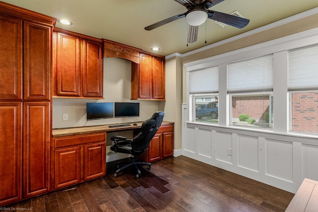 118 Lightning Trl, Forney, TX 75126 - office featuring built in desk, a ceiling fan, dark wood finished floors, crown molding, and recessed lighting